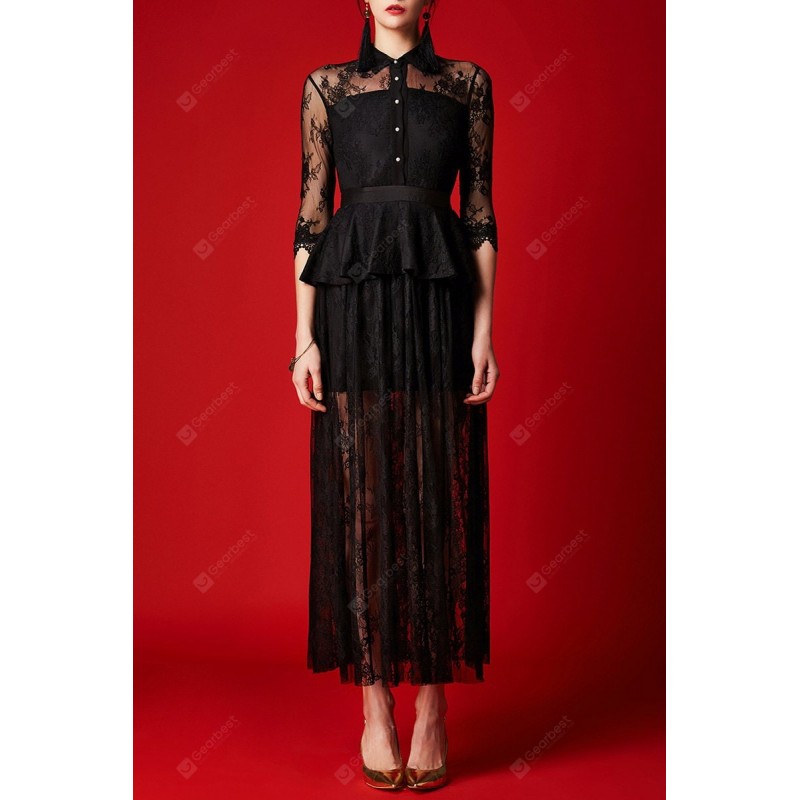 See-Through Lace Maxi Shirt Dress