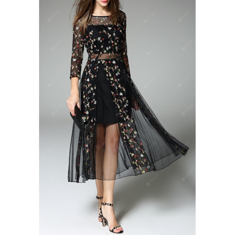 Tiny Floral Embroidered Sheer Dress