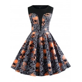 Skull and Floral Print Vintage A Line Dress