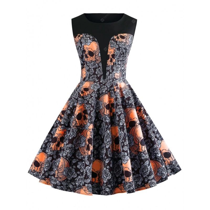 Skull and Floral Print Vintage A Line Dress