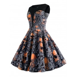 Skull and Floral Print Vintage A Line Dress