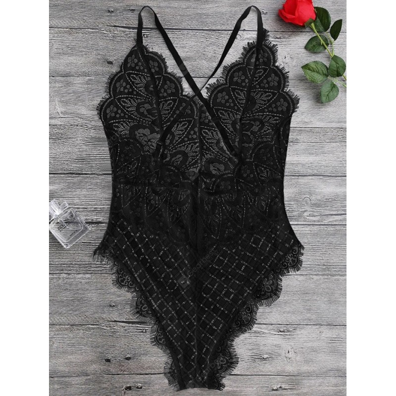 Scaolloped Eyelash Sheer Lace Teddy Bodysuit