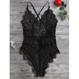 Scaolloped Eyelash Sheer Lace Teddy Bodysuit