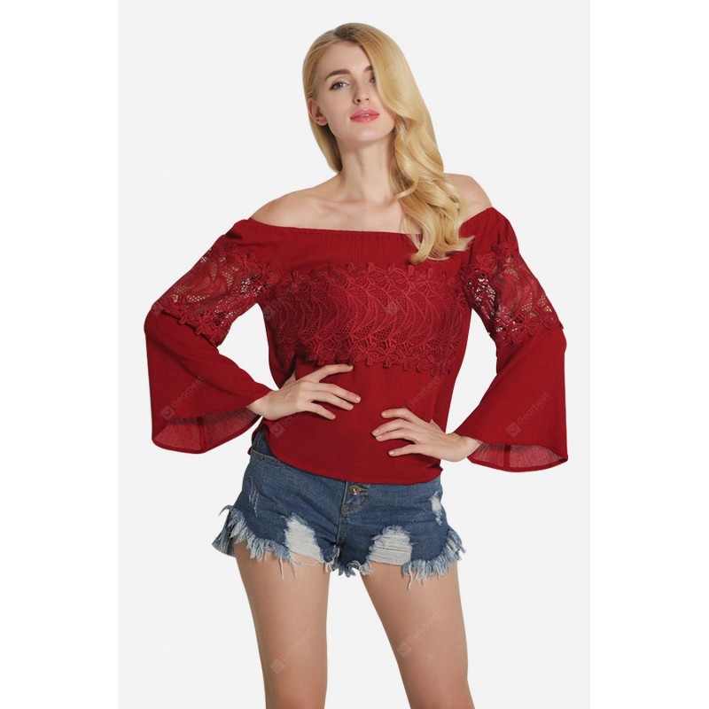 Off Shoulder Lace Jointed Thin Short T-Shirt for Women