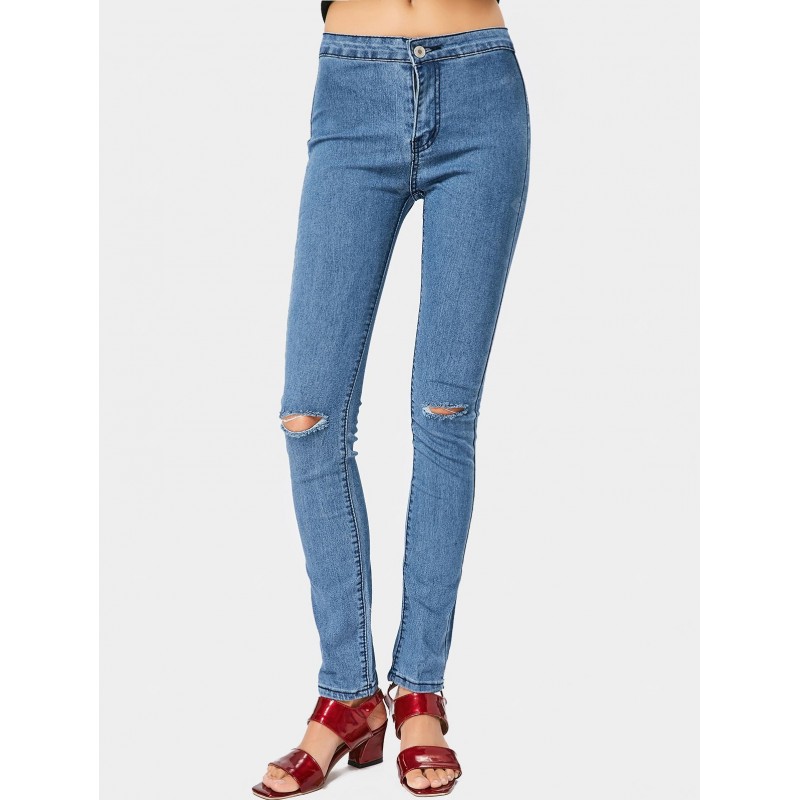 Ripped Zipper Fly Straight Jeans