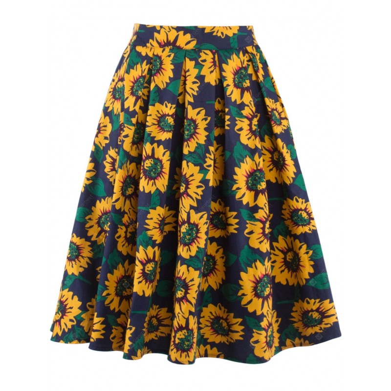 Sunflower Print High Waist Skater Skirt