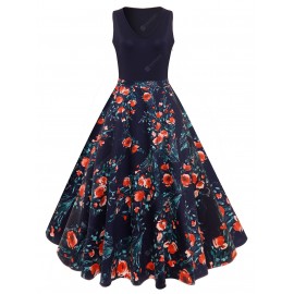 V-neck Floral Insert Vintage Flare Dress