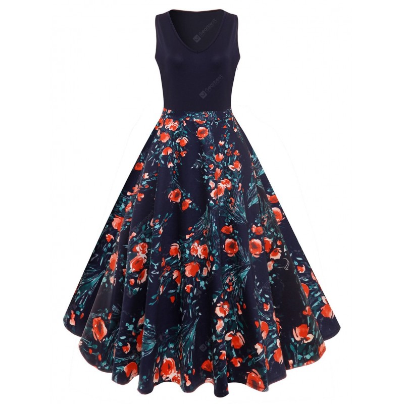 V-neck Floral Insert Vintage Flare Dress