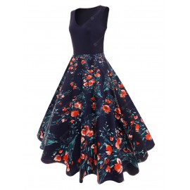 V-neck Floral Insert Vintage Flare Dress