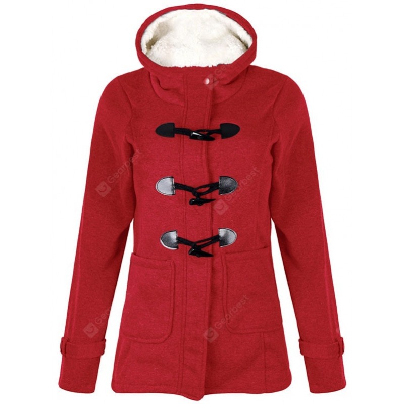 Women Classic Horn Button Pocket Cotton-padded Coat with Cap