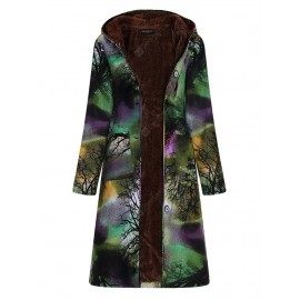 Women Long-sleeve Large Size Long Cotton Linen Vintage Ink Printing Plus Velvet Hooded Parka