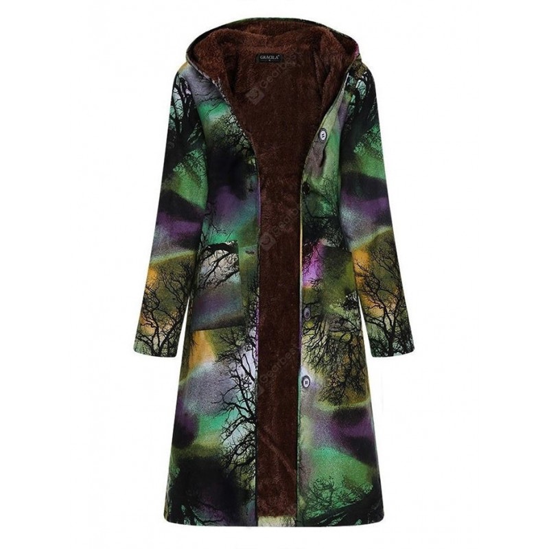 Women Long-sleeve Large Size Long Cotton Linen Vintage Ink Printing Plus Velvet Hooded Parka