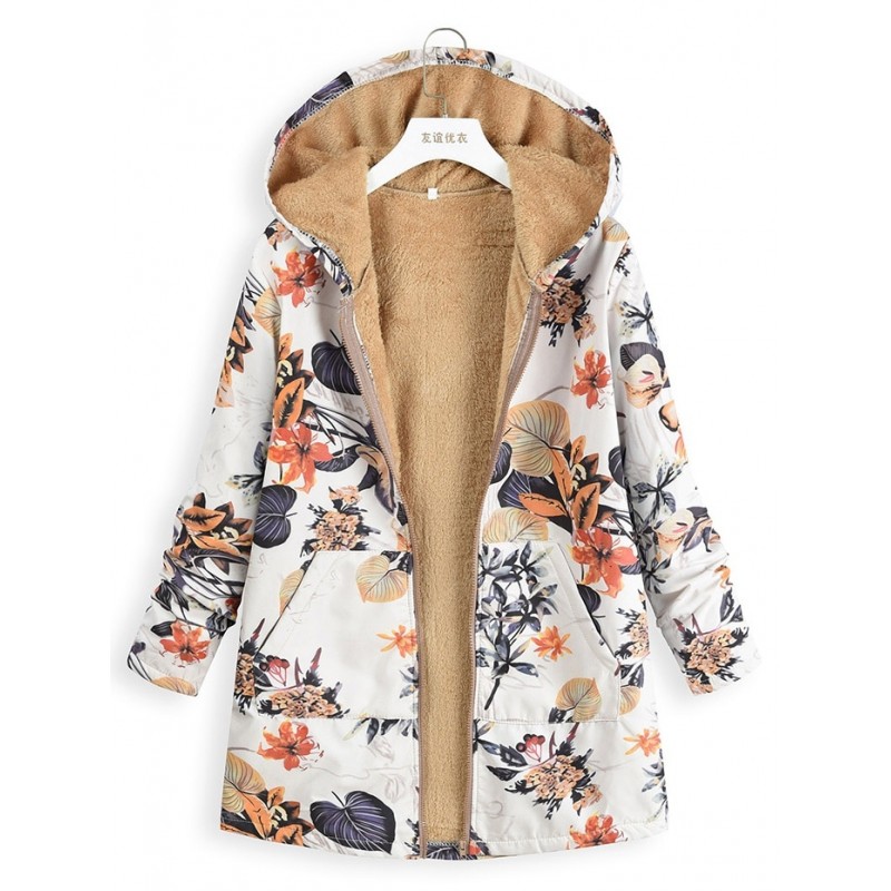 Women Print Hooded Plush Top Jacket Parkas