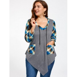 Plus Size Long Sleeve Asymmetrical Tartan T-shirt