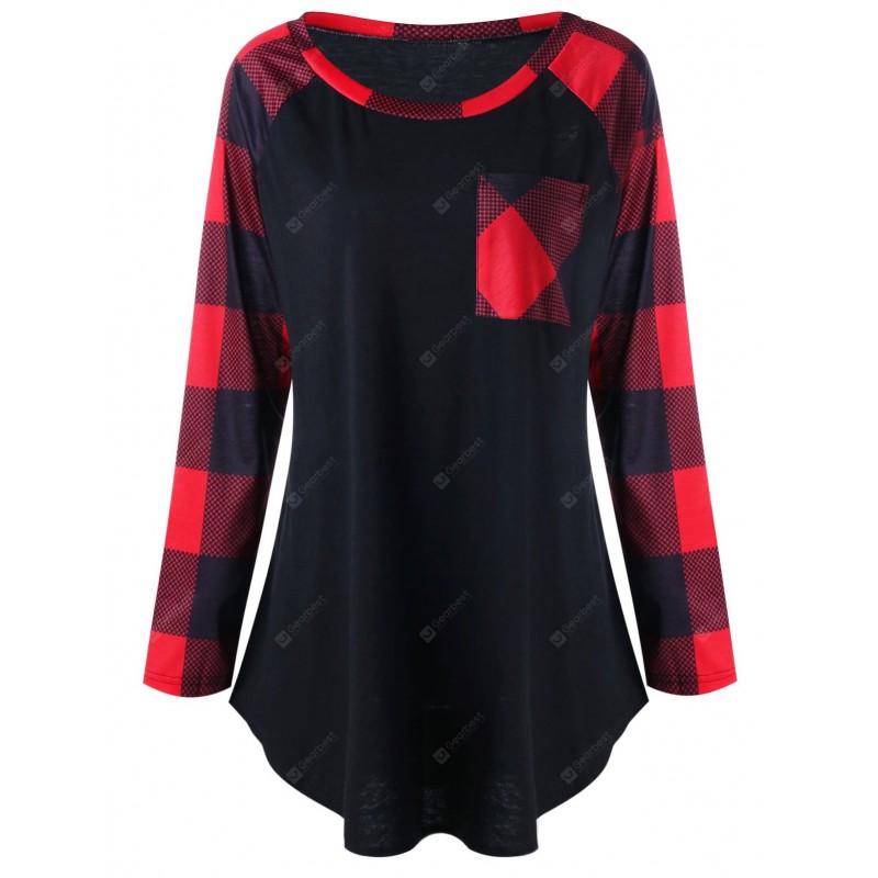 Plus Size Plaid Patch Pocket T-shirt