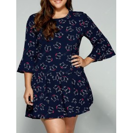 Plus Size Trumpet Sleeves Animal Kitten Print Dress