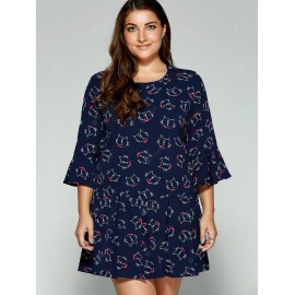 Plus Size Trumpet Sleeves Animal Kitten Print Dress