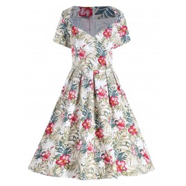 Plus Size Floral Leaf Print Surplice Dress