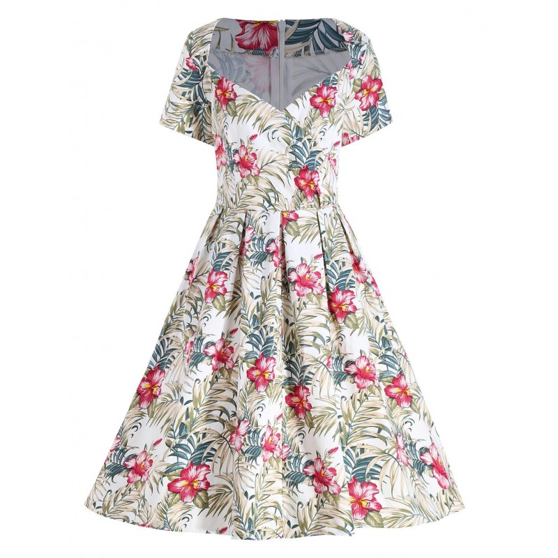 Plus Size Floral Leaf Print Surplice Dress