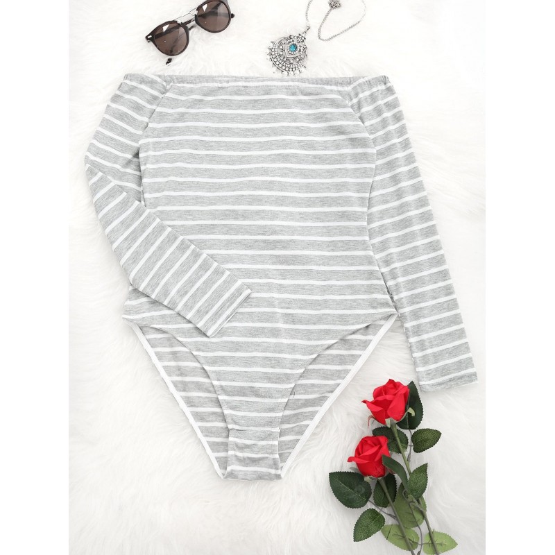 Off Shoulder Stripes Long Sleeve Bodysuit