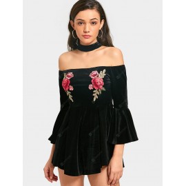 Velvet Bell Sleeve Embroidered Romper