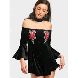 Velvet Bell Sleeve Embroidered Romper