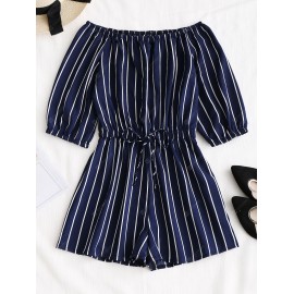 Tied Bowknot Off Shoulder Striped Romper