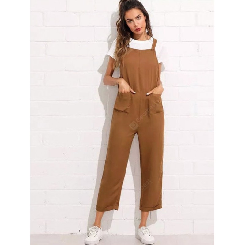 Women's Strap Button Cropped Solid Color Pocket Casual Jumpsuit