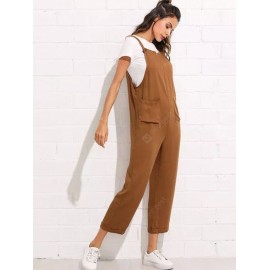 Women's Strap Button Cropped Solid Color Pocket Casual Jumpsuit