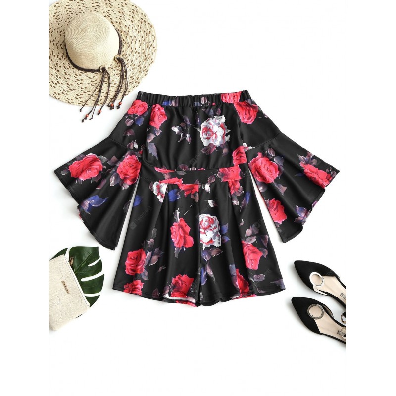 Off Shoulder Floral Bell Sleeve Romper