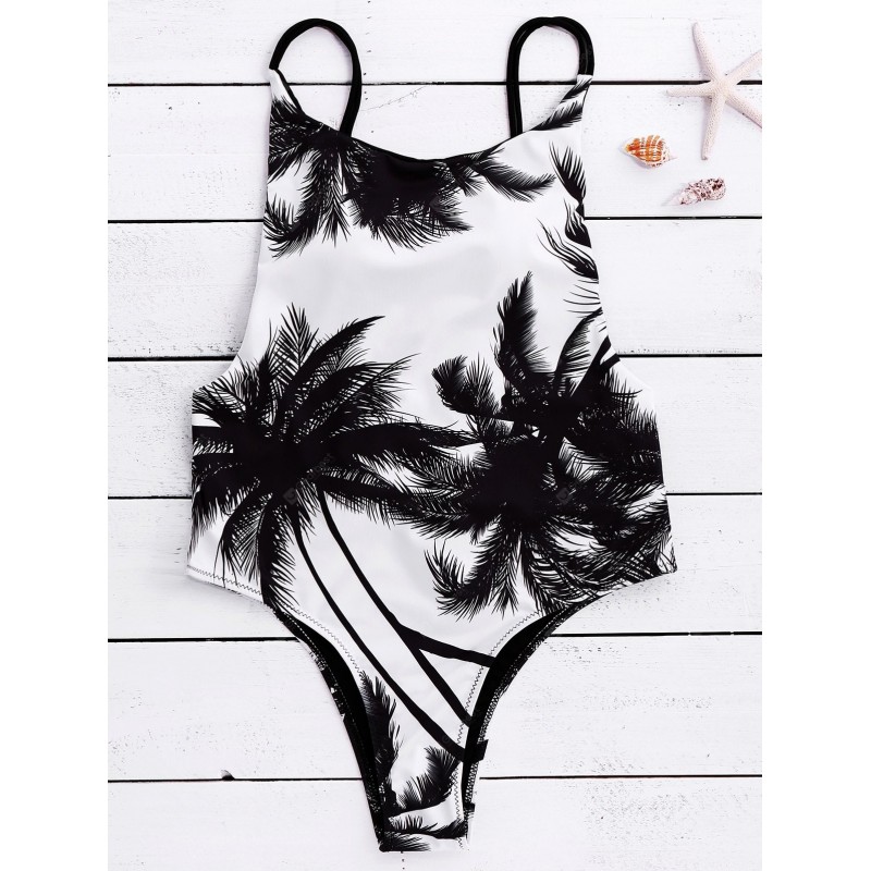 Spaghetti Strap Coconut Tree Print Tropical Backless Swimwear