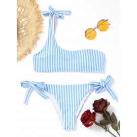 One Shoulder String Striped Bikini