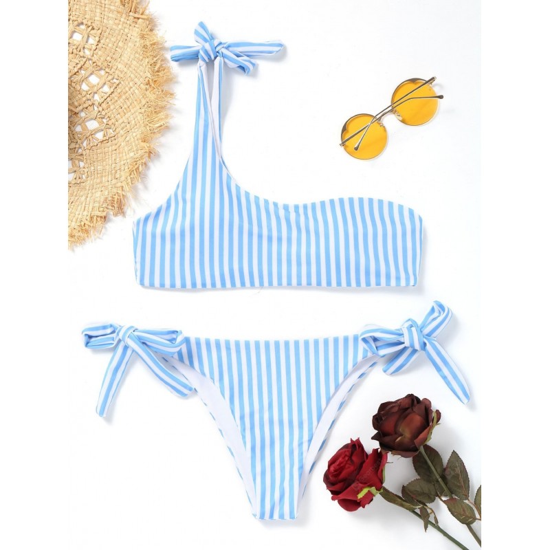 One Shoulder String Striped Bikini