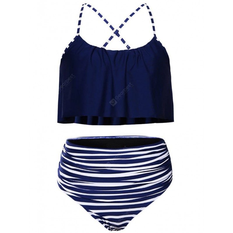 Women Plus Size Striped High Waisted Bikini Set Tankini