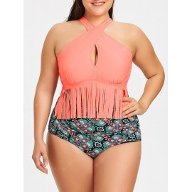 Plus Size Floral Print Fringed Bikini Set