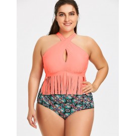 Plus Size Floral Print Fringed Bikini Set