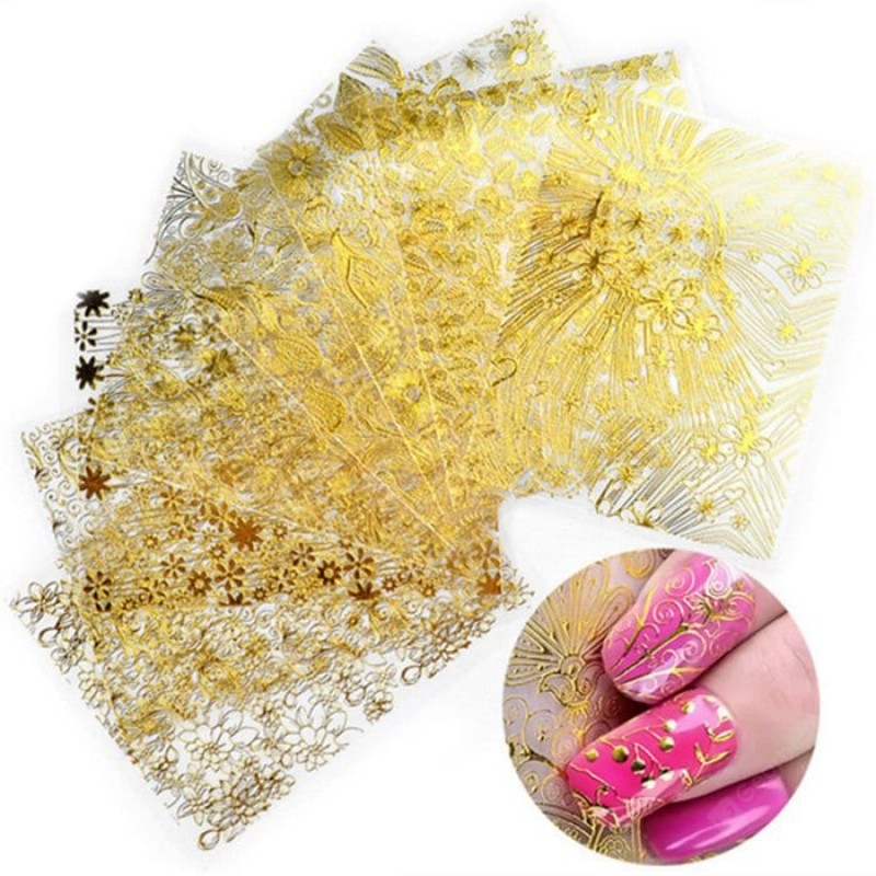 XM DIY Nails Sticker Gold Embossed Fringe Art Decals 8PCS