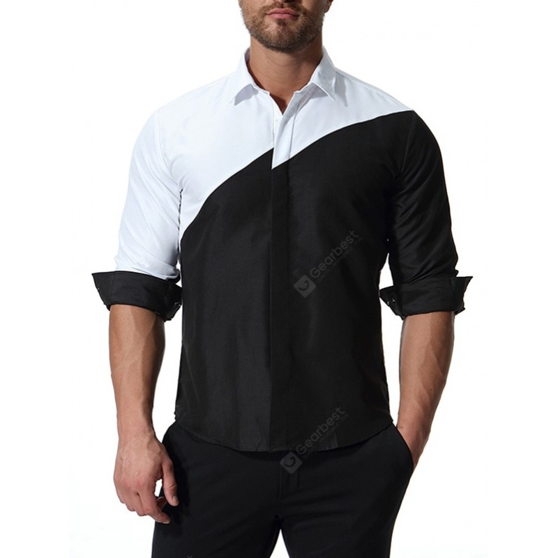 Trend Fashion Black And White Splicing Men Long-sleeved Shirt with Large Size