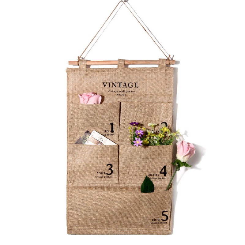 Practical 5 Pockets Jute Wall Hanging Bag