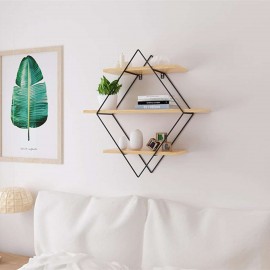 New Retro Industrial Style Rhombus Wood Metal Wall Shelf Rack Storage Home Decor