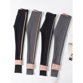 Side Striped Thicken Warm Velvet High Stretch Slim Leggings Pants