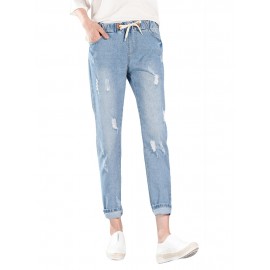 Drawstring Elastic Waist Ripped Harem Denim