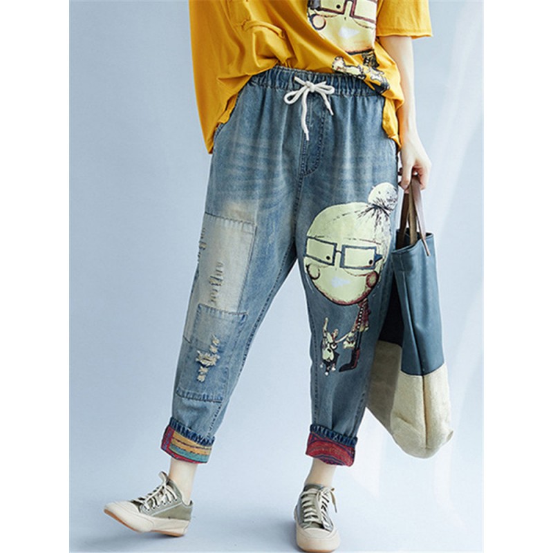 Cartoon Print Elastic Waist Harem Casual Denim