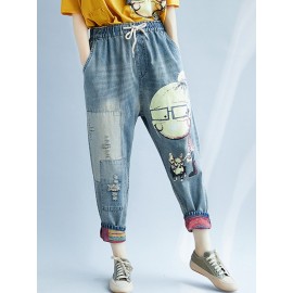 Cartoon Print Elastic Waist Harem Casual Denim