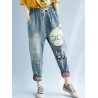 Cartoon Print Elastic Waist Harem Casual Denim