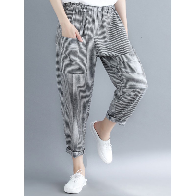 Stripe Elastic Waist Pockets Casual Loose Harem Pants