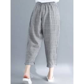 Stripe Elastic Waist Pockets Casual Loose Harem Pants