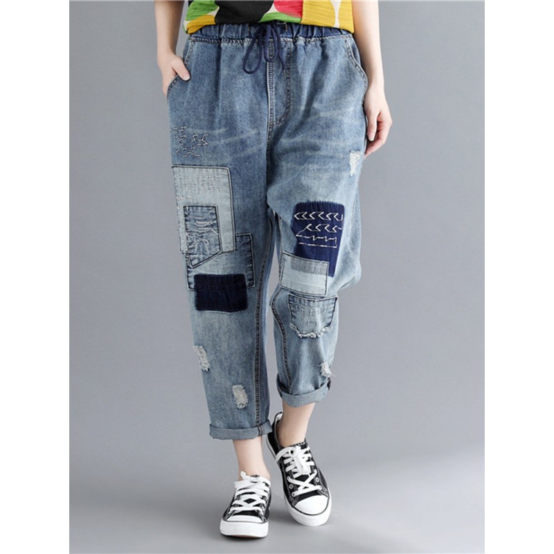 Embroidered Patchwork Drawstring Waist Ripped Jeans