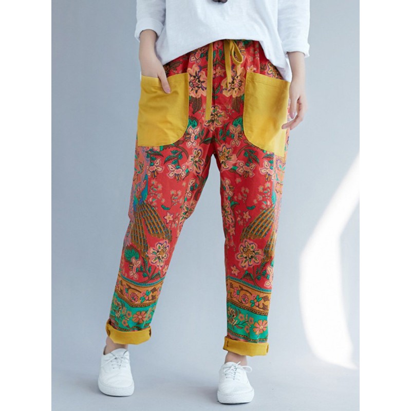 Vintage Floral Print Patch Elastic Waist Denim