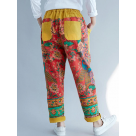 Vintage Floral Print Patch Elastic Waist Denim